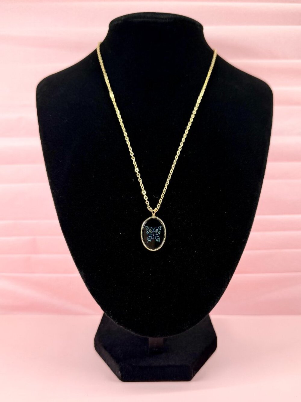 1980s Vintage Avon Black and Blue Shimmer Butterfly 17" Gold Tone Necklace